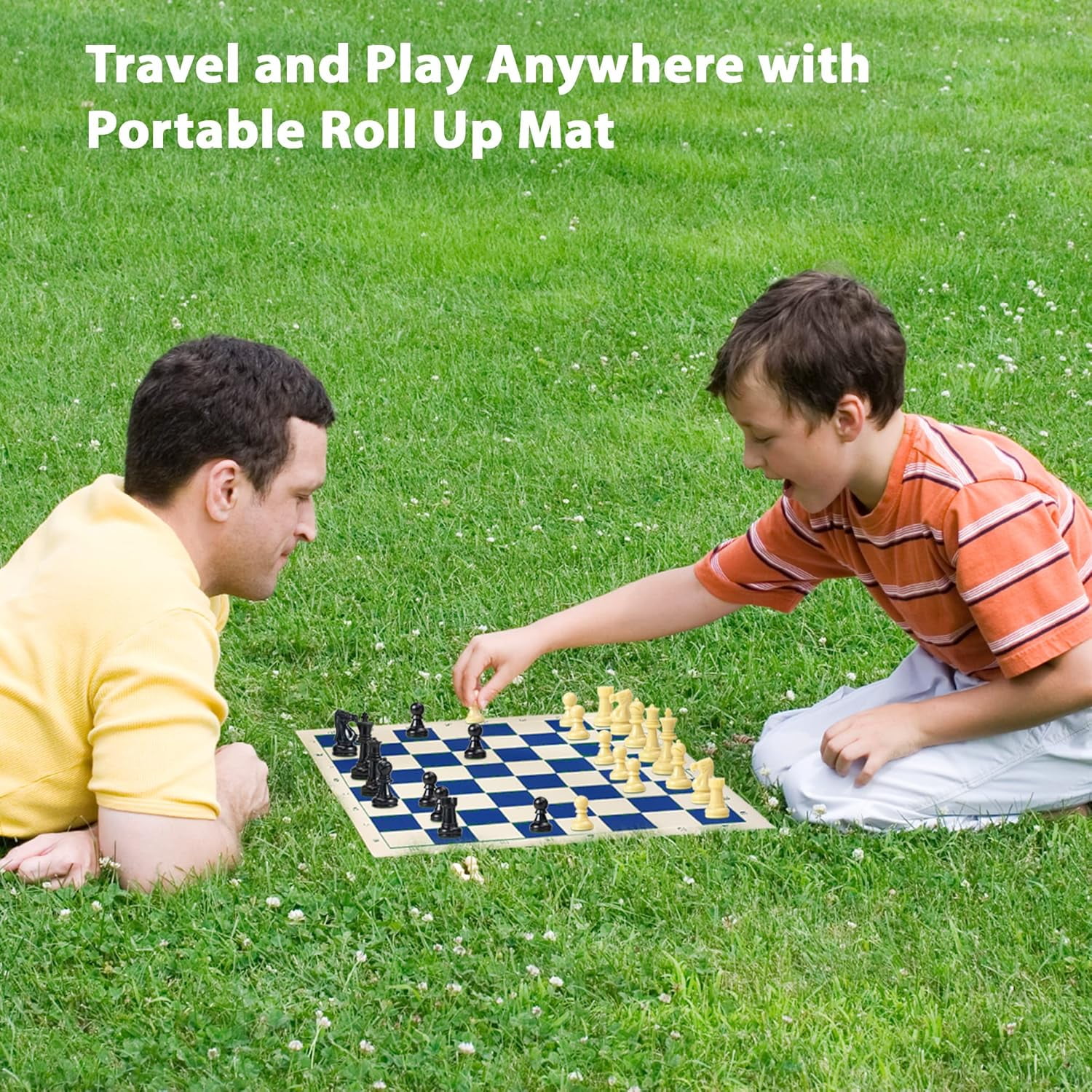 Sterling Games Chess Mat and Chess Pieces Set 20" x 20" Roll Up Vinyl Travel Chess Set, Blue