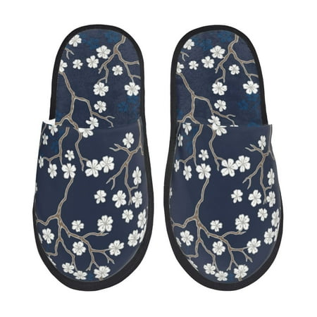 Balery Cherry Blossoms on Navy Background Slient Indoor Furry Fleece Comfort House Shoes Soft Non-Slip Home Shoes Cotton slippers House Slippers-- Medium