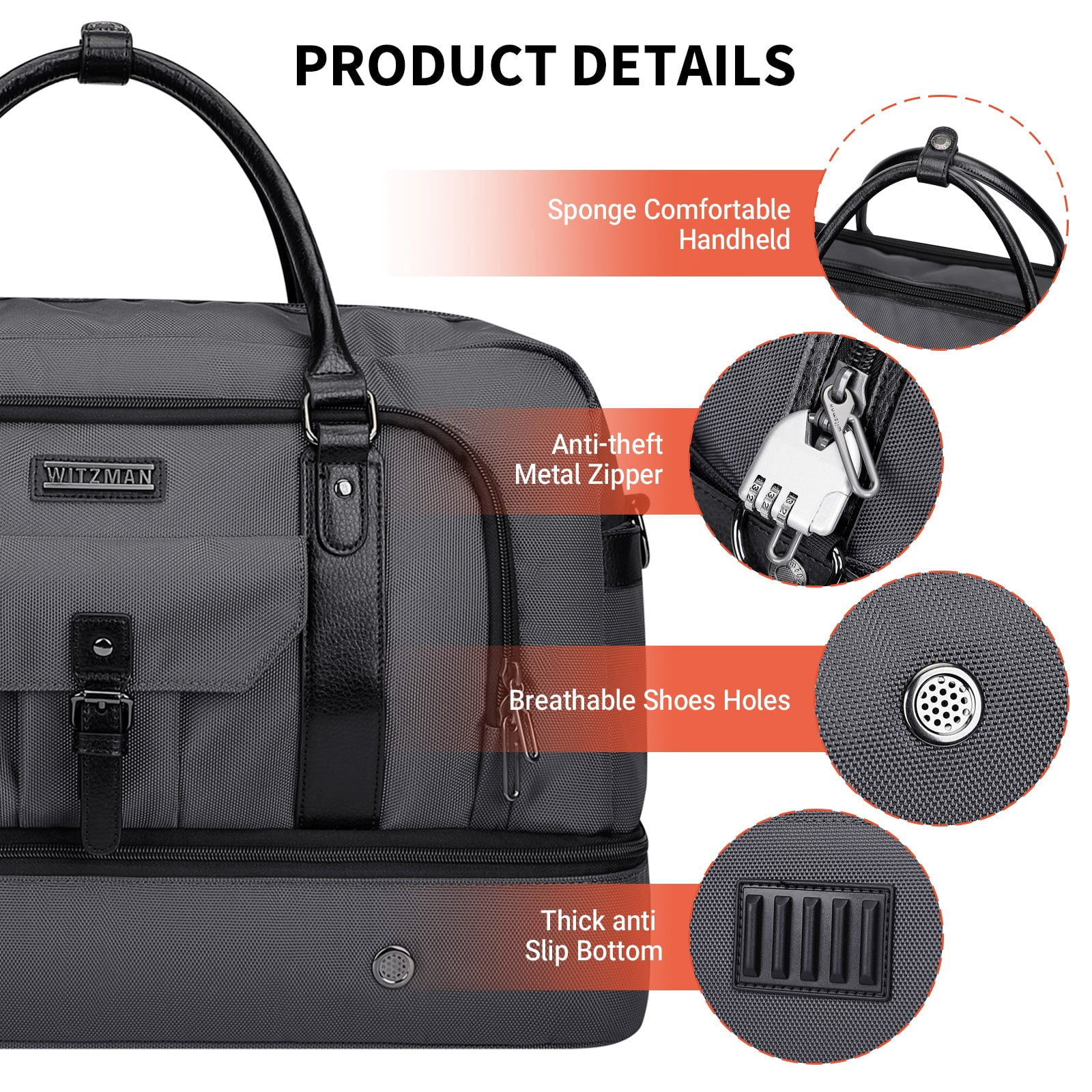 WITZMAN Weekender Bags for Men Women Carry on Duffle Overnight Bag with Toiletry Bag Sets Travel Duffel Bag Shoes Compartment（B694 Silvery Grey）