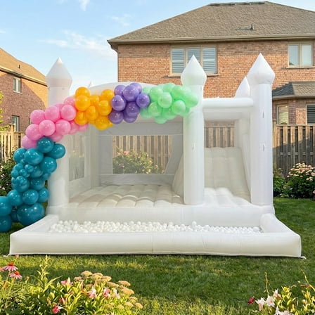 15' x 13' Oxford White Bounce House with Ball Pit & Slide & Air Blower Large Size Bounce House for Kids Birthday Party/Events