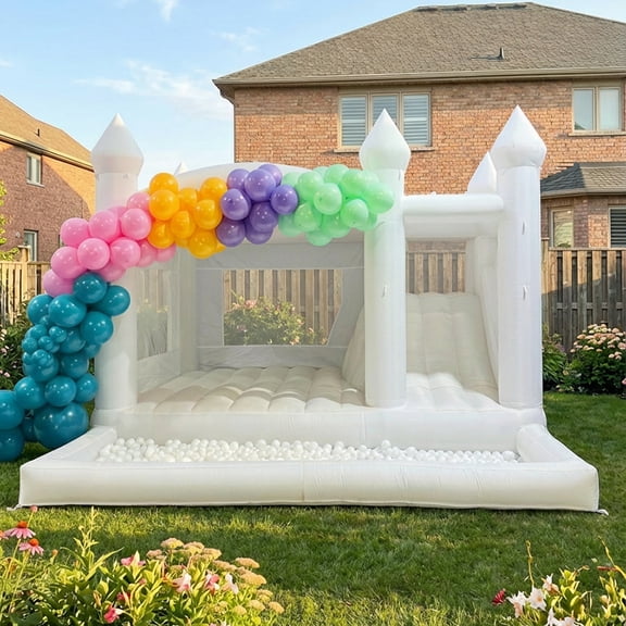 15' x 13' Oxford White Bounce House with Ball Pit & Slide & Air Blower Large Size Bounce House for Kids Birthday Party/Events