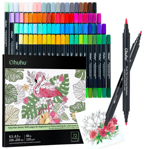Rotuladores Ohuhu de doble punta, 80 colores, con libro para colorear de 72 páginas