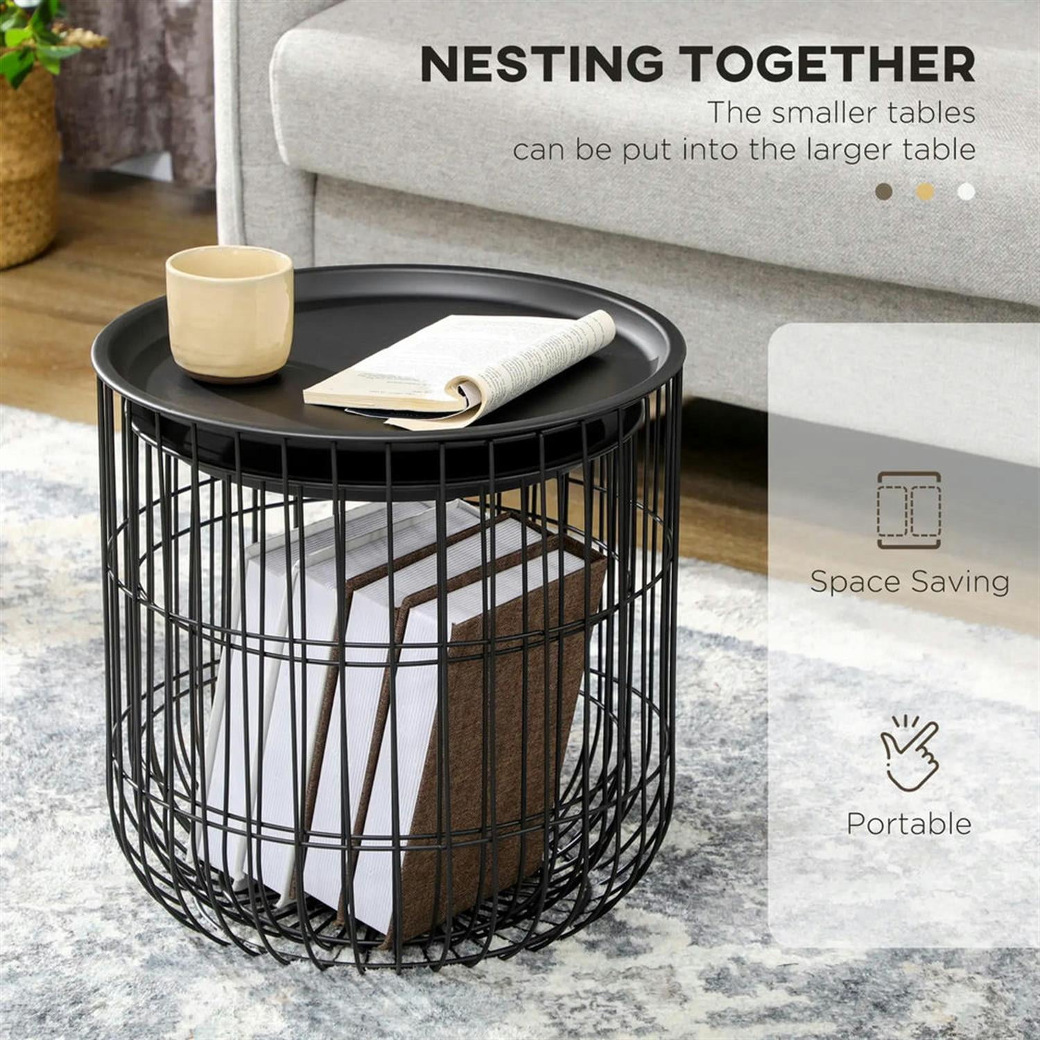 Demi Bonn 15" Nesting Coffee Tables with Steel Wire Basket & Removable Top, Living Room Home Decor for Patio and Garden, Black