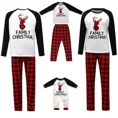 

Frobukio Christmas Pajamas for Family Matching Long Sleeve Deer Tops Plaid Pants Father Mother Kids Baby Sets Black Red Mom-XL