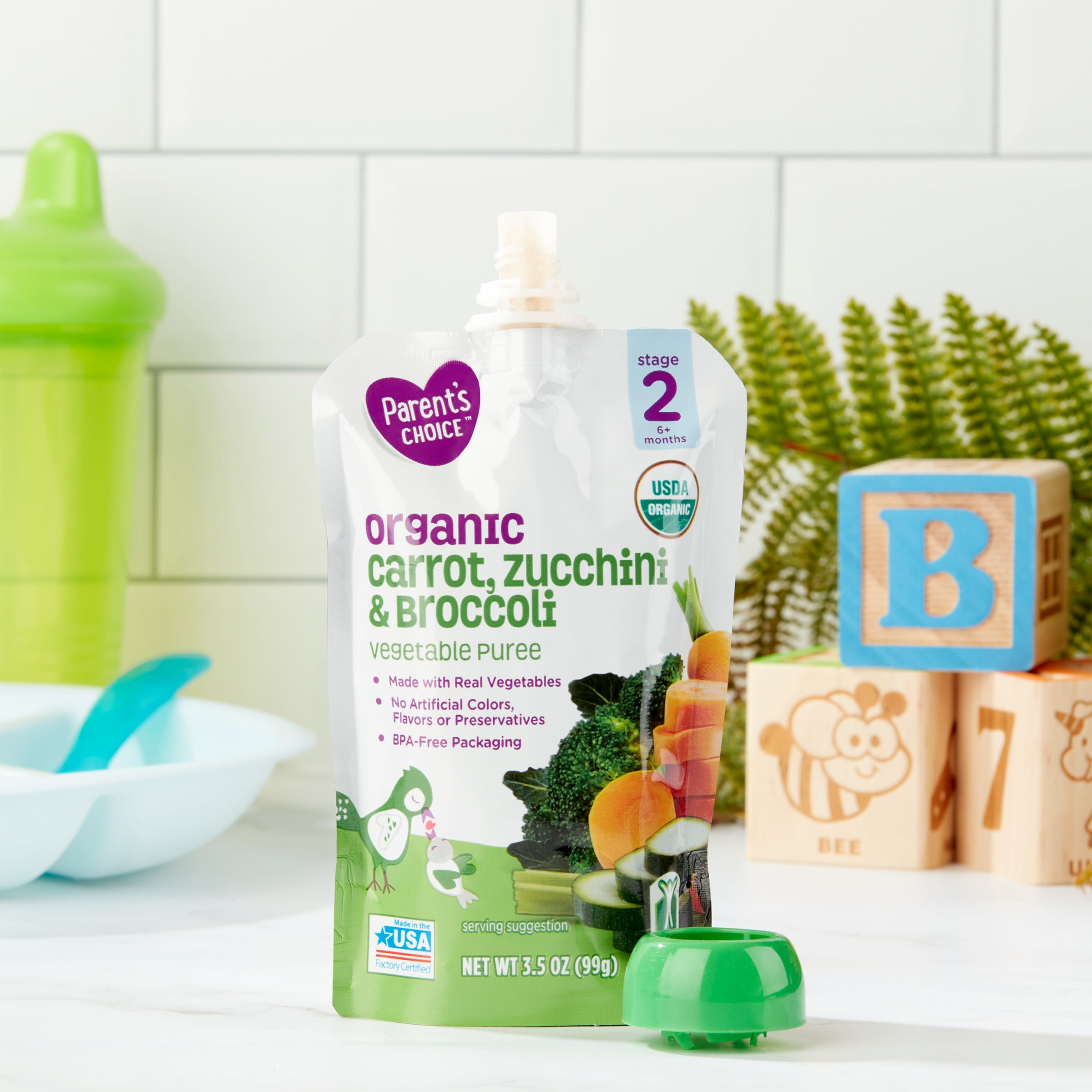 Parent's Choice Organic Stage 2 Baby Food, Carrot Zucchini Broccoli, 3.5 oz Pouch
