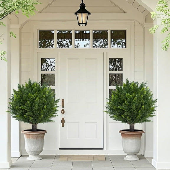 Ataucjin 18" High Artificial Cedar Topiary Ball Trees, UV Resistant Outdoor Fake Plants with Ground Spike, Faux Evergreen Bushes for Indoor Front Porch Garden,Set of 2