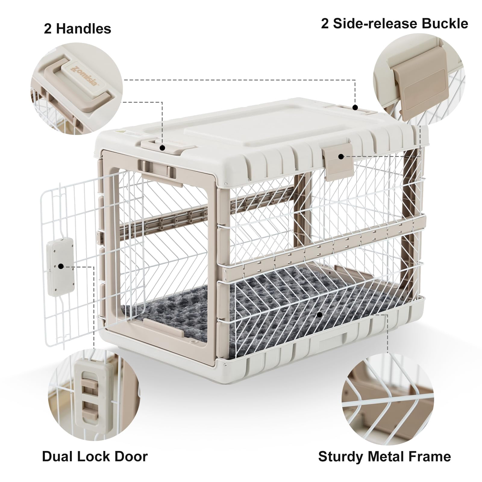 Collapsible Dog Crate With Bed Mat  28'' Foldable Kennel For Medium Dogs Tool-free Portable Cage 2 Rolling Wheels & Handles Pet Carrier Indoor Outdoor