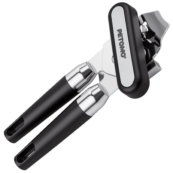 Stainless Steel Manual Can Opener with Bottle Opener - Razor Sharp Cutting Wheel, Soft Ergonomic Grip Handles, Oversized Easy-Turn Knob, Smooth Edge Safe Operation, Black
