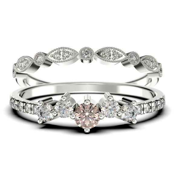 Promise Ring 1.10 Carat Round Cut Morganite And Diamond Moissanite Engagement Ring Wedding Band Ring In 925 Sterling Silver With 18K White Gold Plating, Dainty Ring, Bridal Set, Matching Band