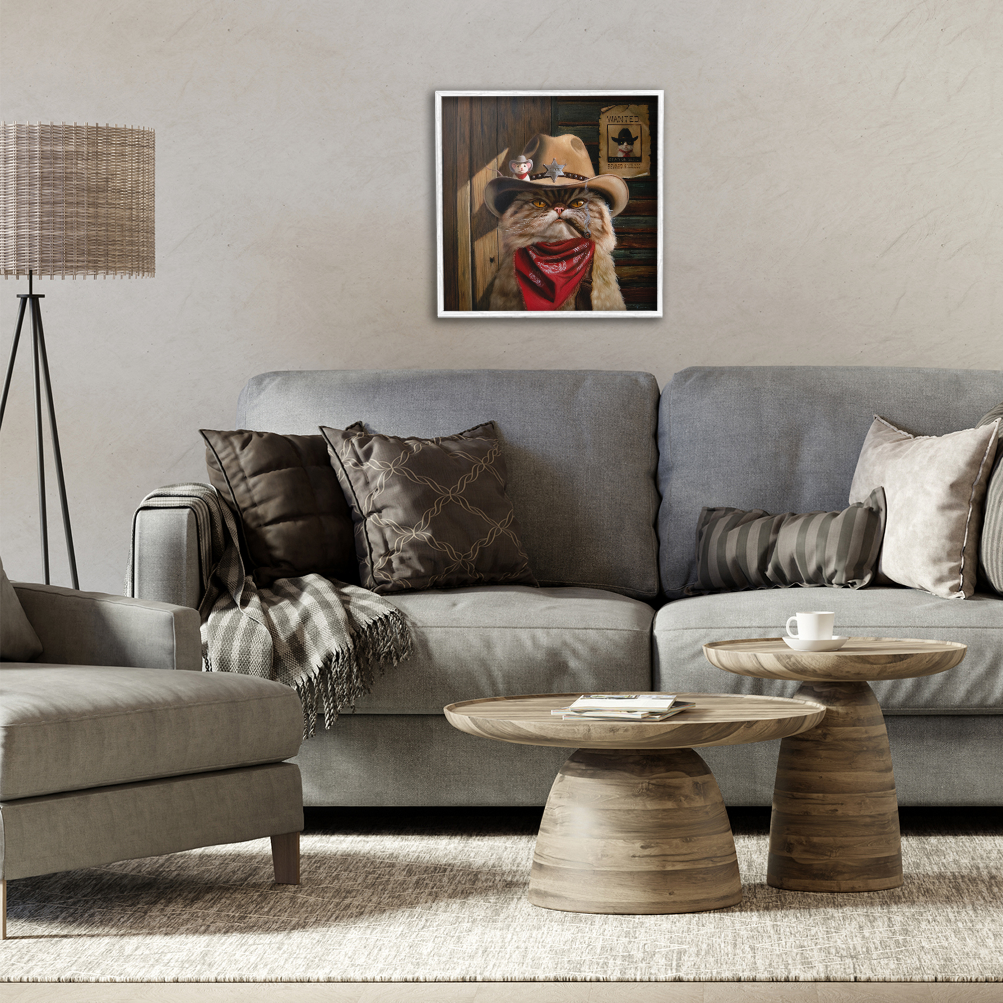 Deputy Purrkins Cat Sheriff White Framed Giclee Art, design by Lucia Heffernan