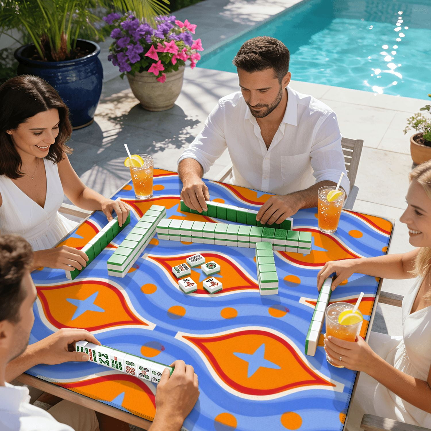 Mahjong Mat 31.5" x 31.5" Retro Geometric Orange Blue Star Motifs Wavy Lines Non-Slip Noise Reduction American Mahjong Tiles Table Cover for Dominoes Poker Card Board Games Gift