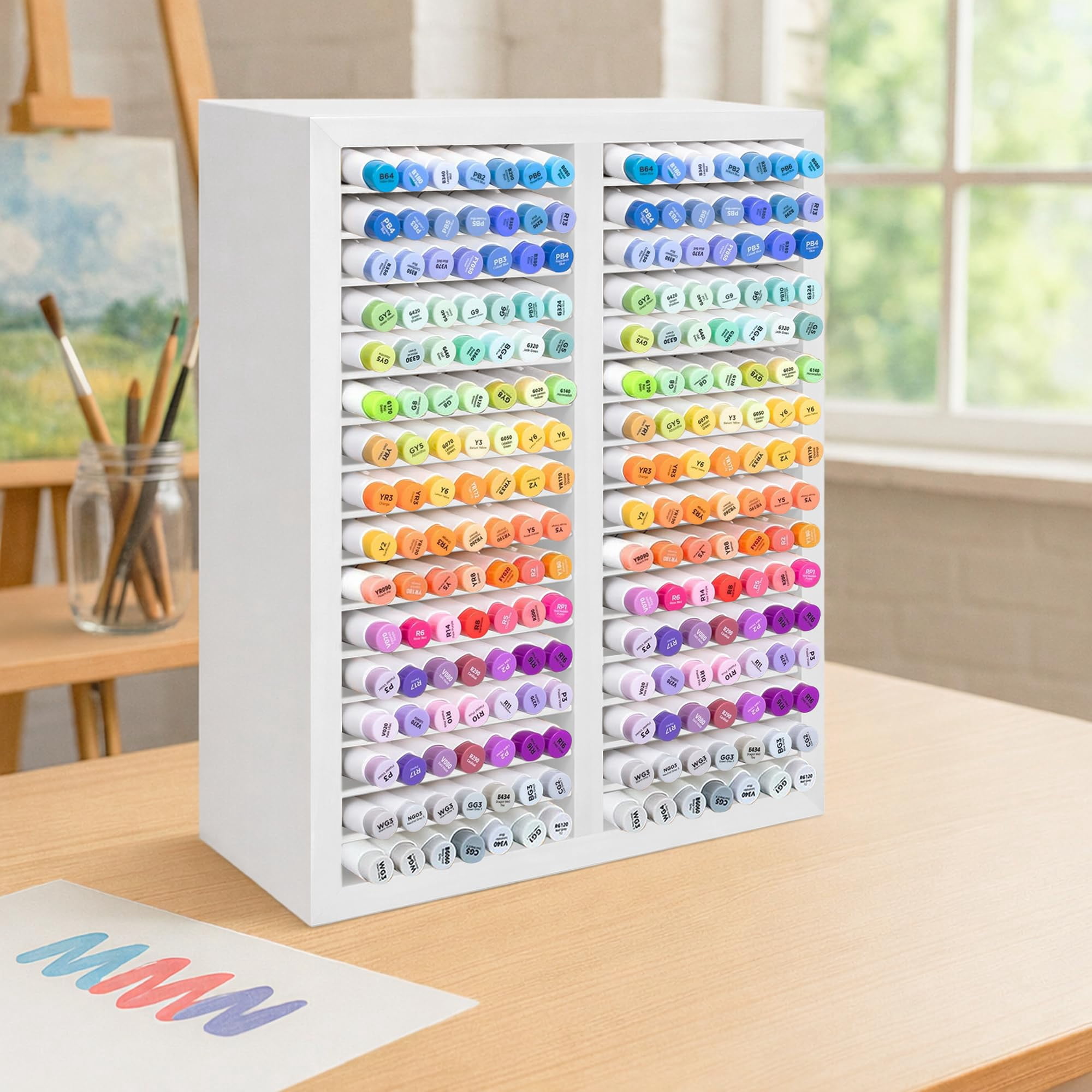 Marker Organizer For 224 Markers Wooden Holder With 32 Slots  Pens Pencils Art Supply Storage Desk Home Classroom Office Decor (white 15"x11"x5.2 ")