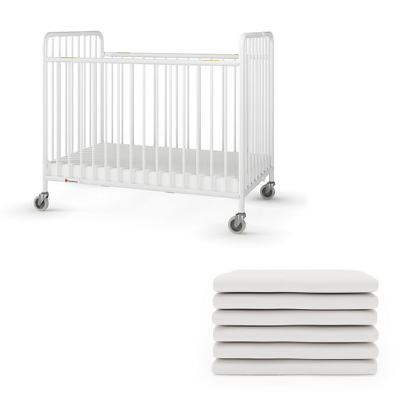 Foundations StowAway Folding Hotel Crib and Sheet Bundle - Includes Mini Metal Crib with 2" Foam Mattress and 6-Pack White Fitted Compact Crib Sheets