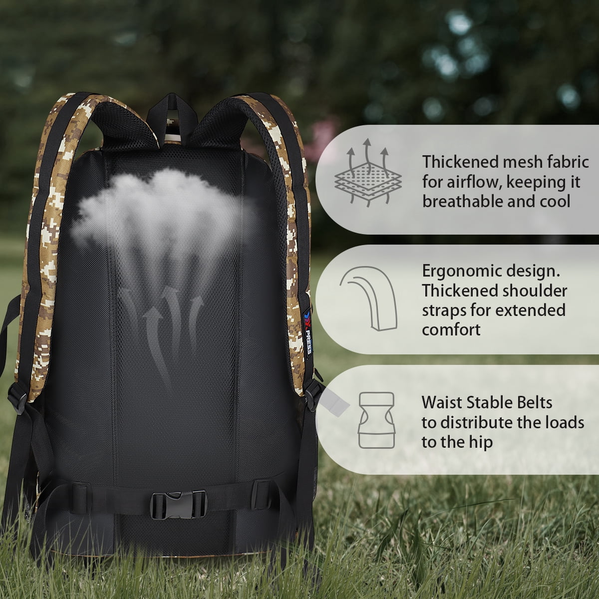 New York Xpress Camo Backpack for Adults 40L Multi-Pocket Backpack for Travel Work Hiking, Deep Khaki - BP8023