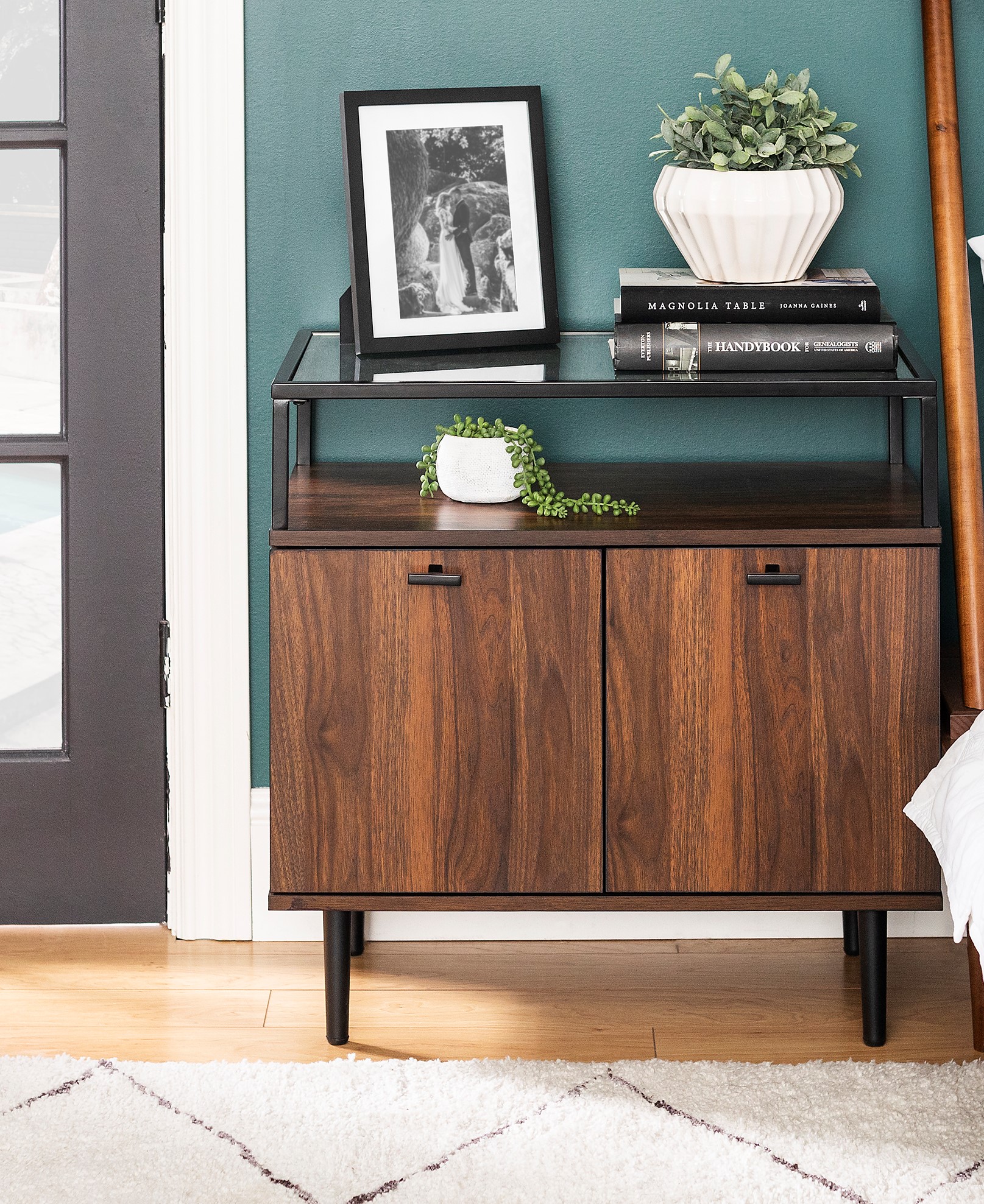 Modern Glass Top TwoDoor Dark Walnut Storage by Manor Park