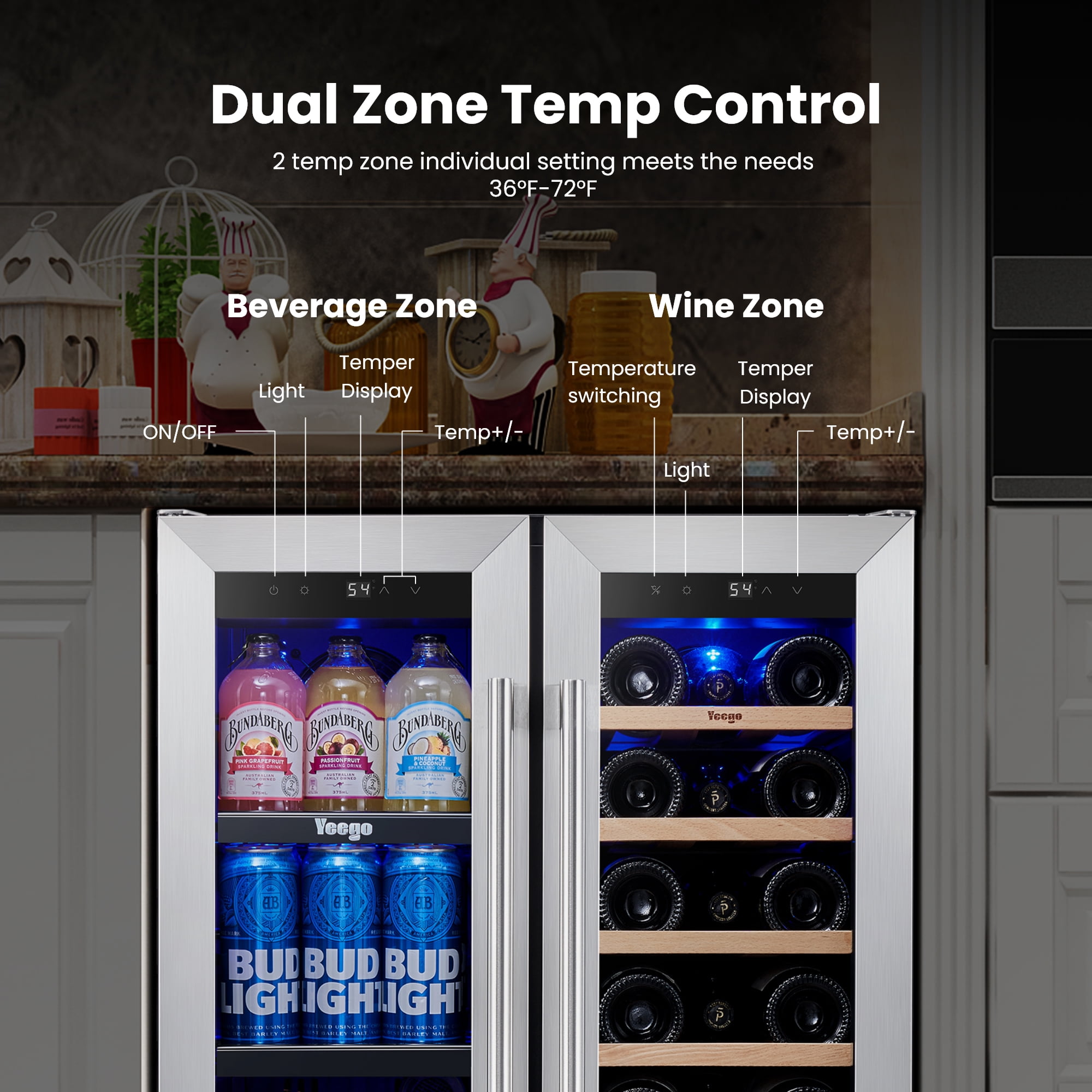 Yeego 24 inch Wine and Beverage Refrigerator, 20 Bottles and 60 Cans Dual Zone Fridge with French Glass Door for Home/Office, 36℉~72℉, Built-in/ Freestanding