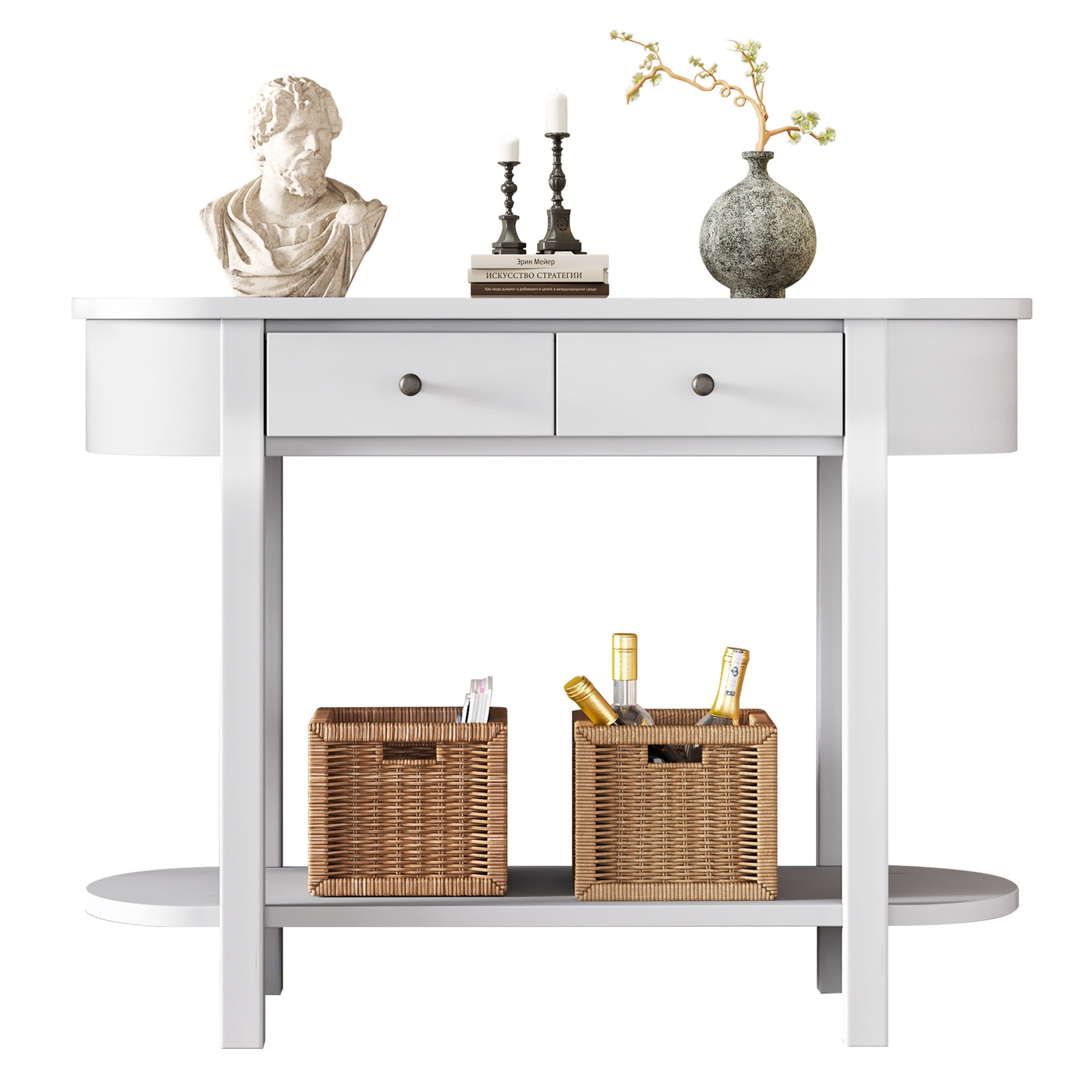 Aukfa Retro Console Table with Two Drawers and Shelf for Entryway/Living Rooms/Hallway, Oval-Shaped Tabletop, White