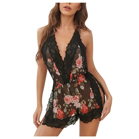 

B91xZ Sexy Pajamas For WomenSatin Women Silk Strap Sexy Underwear Dress Nightdress Mini Sleepwear Cami V Conjoined plus Size Lingerie Gowns 3x-4x Black XL