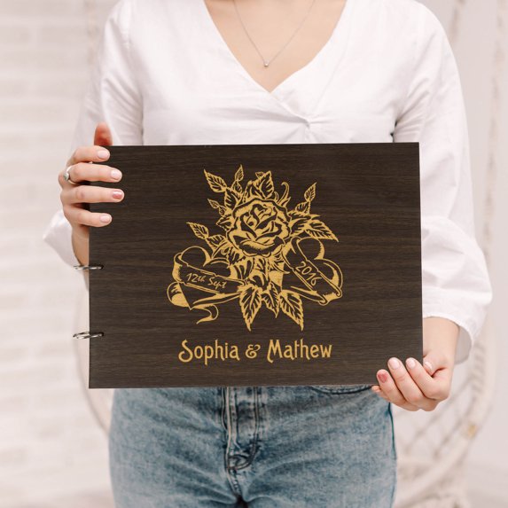 Darling Souvenir Personalized Engraved Laser Cut Wedding Guest Book Wooden Cover Sign-in Book Registry Guestbook Scrapbook-QU