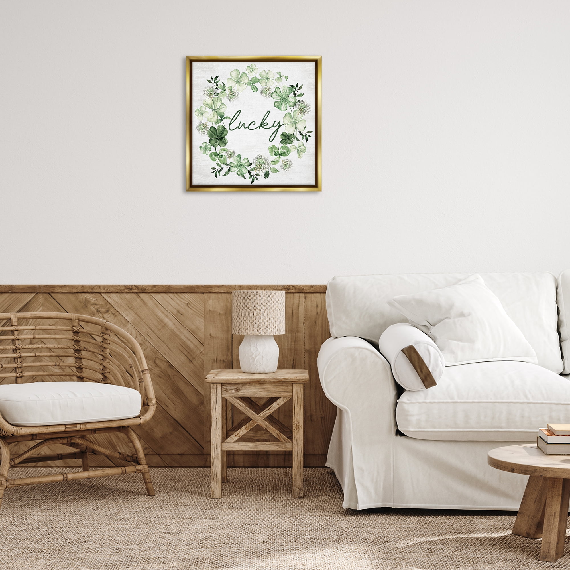 Stupell Industries Lucky Clover Wreath Botanical & Floral Painting Gold Floater Framed Canvas Art Print Wall Art, 25 x 25
