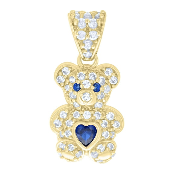 10K Yellow Gold Blue CZ Women's September Birthstone Teddy Bear w/ Heart Pendant