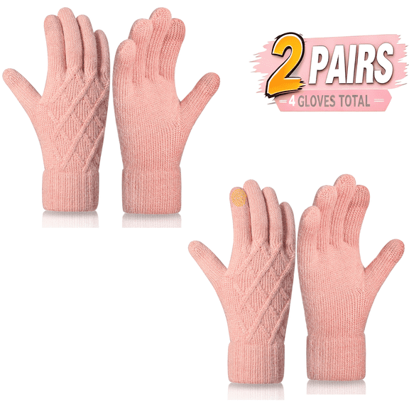 Mitho Winter Gloves Women, Double-Layer Knitted Gloves with Thick Fleece Lining, Elastic Cuffs, 2 Pairs Pink, M
