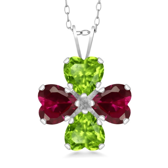 Gem Stone King 925 Sterling Silver Green Peridot and Red Created Ruby 4 Heart Shape Gemstone August Birthstone Pendant Necklace for Women (3.58 Cttw, 6MM Heart, with 18 inch Silver Chain)