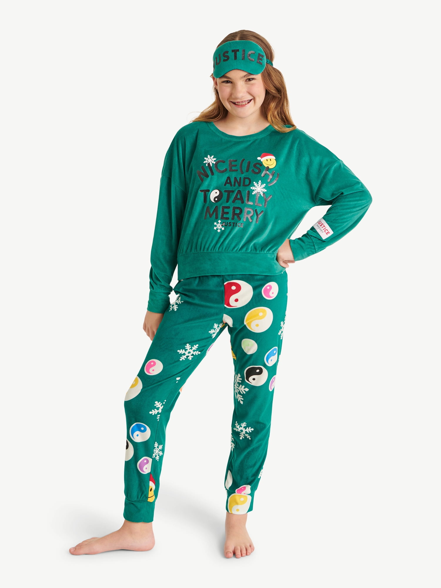 Justice Girls Holiday Long Sleeve Top and Jogger Set with Eyemask, 2-piece Pajama Set, Sizes 5-18