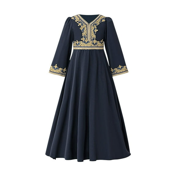 ZACPNCV Girls Renaissance Dress Kids Medieval Princess Outfit Girls Bundle Waist Long Sleeve Maxi Dress Navy 8-9 Years