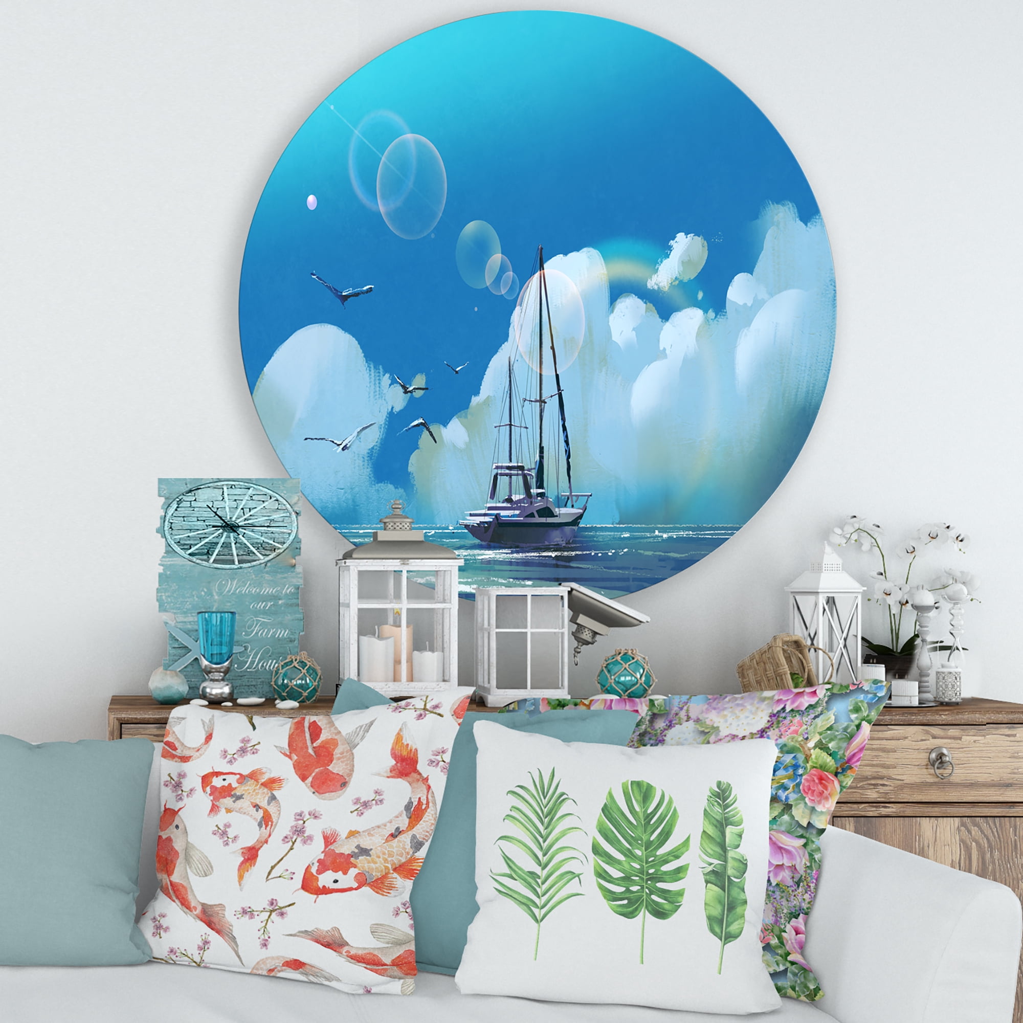 Designart 'The Sailboat On The Blue Sea Against Summer Clouds Sky' Nautical & Coastal Circle Metal Wall Art 29x29 - Disc of 29