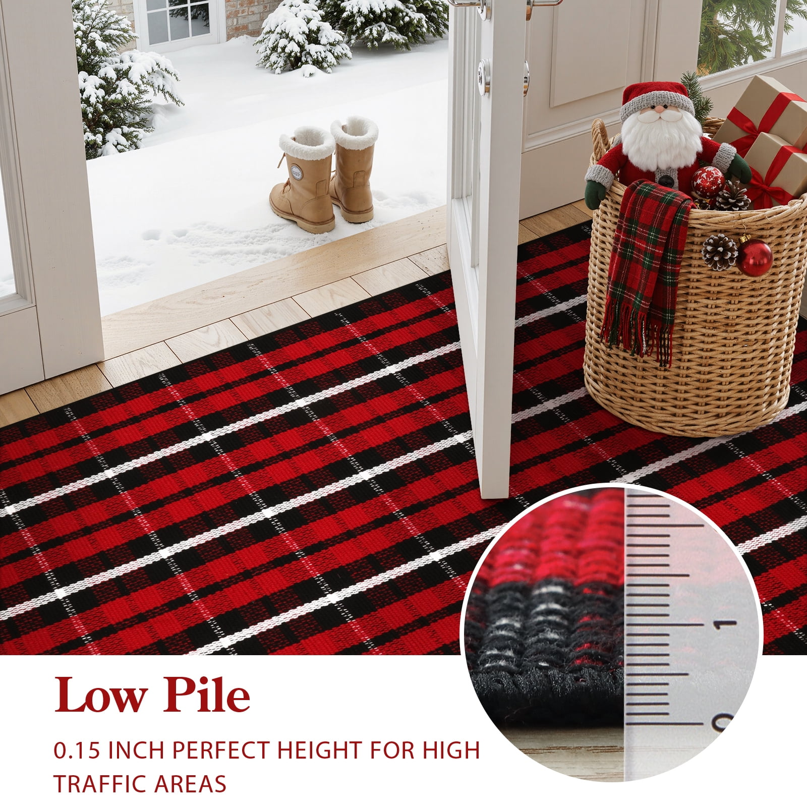 RUG ROBOT Buffalo Plaid Area Rug 27.5"x43", Washable Christmas Door Mat Indoor Outdoor Entrance Rug, Checkered Layering Rug for Kitchen Home Decor, Reversible Front Porch Rug, Red and Black/White