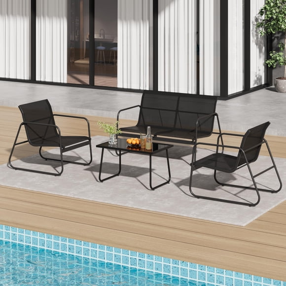 Ensemble de Conversation de Patio 4 Pcs, Causeuse 2 Chaises en Textilène Table Basse en Verre, Cadre en Acier Enduit de Poudre, Mobilier d'Extérieur Résistant aux Intempéries pour Cour Arrière Balcon, Noir Gris