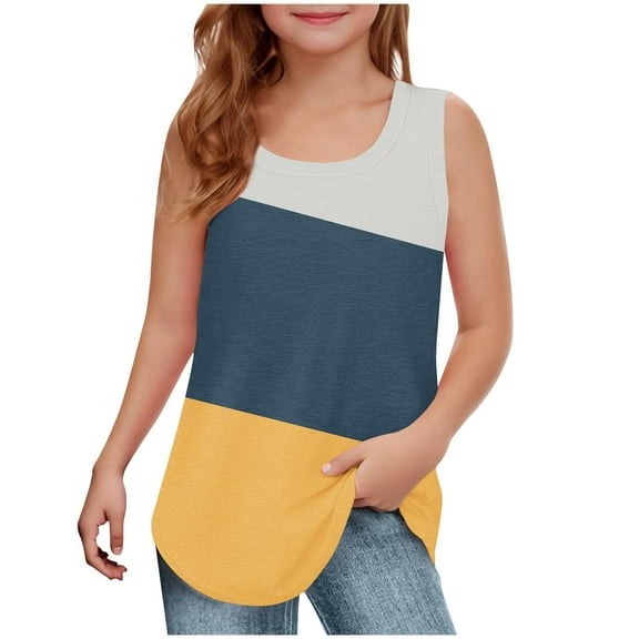 Diufon Girls Tank Tops Color Block Printed Sleeveless Crewneck Tops Summer Casual Loose Tunic Blouses