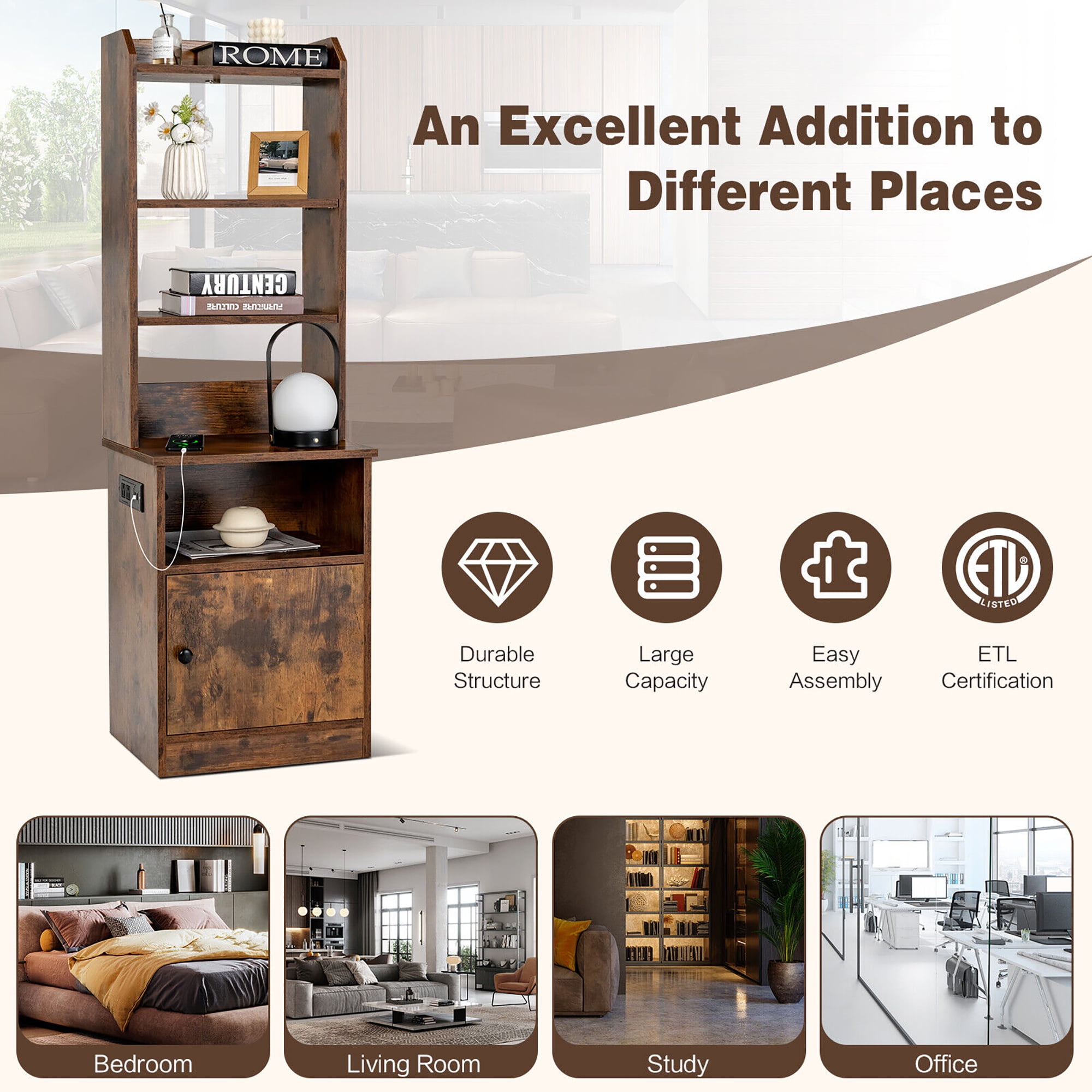 Gymax Nightstand Bedside End Side Table Bookshelf w/ Charging Station Rustic Brown