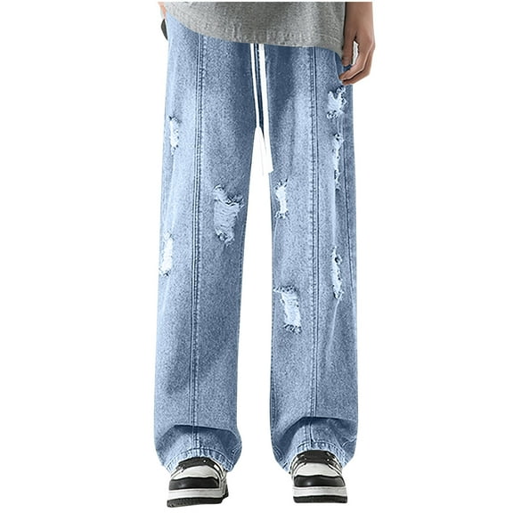 HOOMEUMY Men's Ripped Straight Leg Jeans Casual Drawstring Elastic Waist Loose Fit Long Denim Pants with Pockets (Light Blue,XXL)
