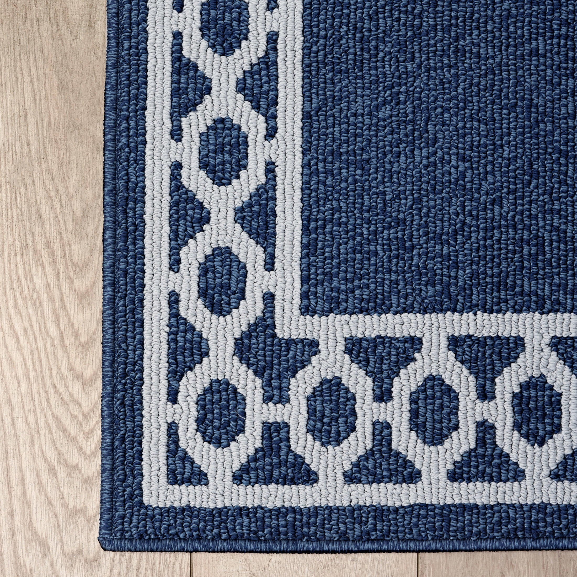 Washable Skid-Resistant Runner Rug, Trellis Border , Denim Twist and Light Grey , 26" x 72"