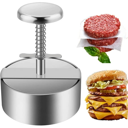 

Happon Burger Press Maker Silver Stainless Steel Adjustable Hamburger Patty Maker with Spring 5.5 in Large Non-Stick Patty Making Mold for Beef BBQ Cooking Makes 0.88 lb Patties
