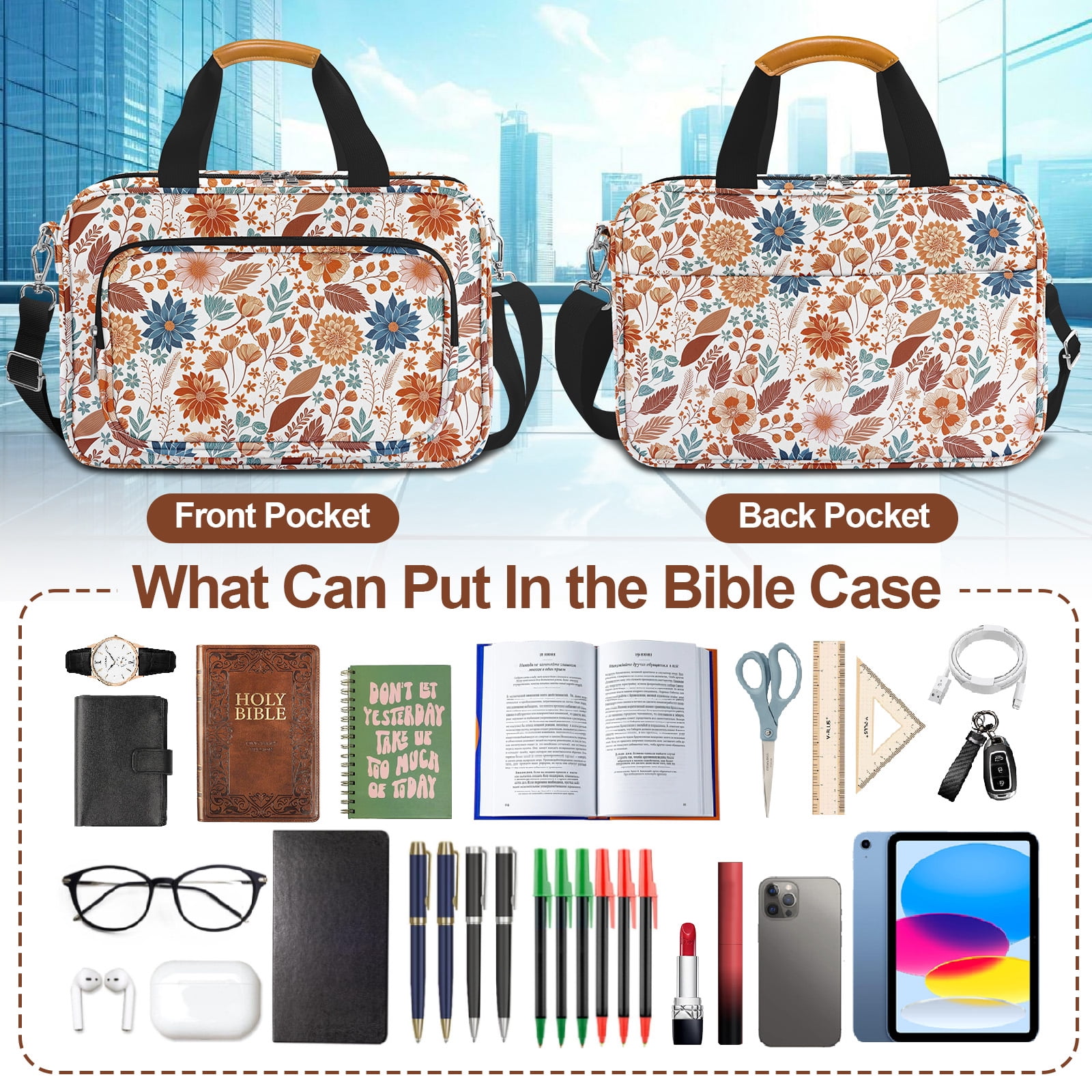 Bible Cover Case for Women,Bible Carrier,Floral Print Bible Bags for Women Organizer,Bible Holder Case with Shoulder Strap,Handle,Bible Study Supplies Kit with Highlighters,Tabs,Pens,Christian Gift