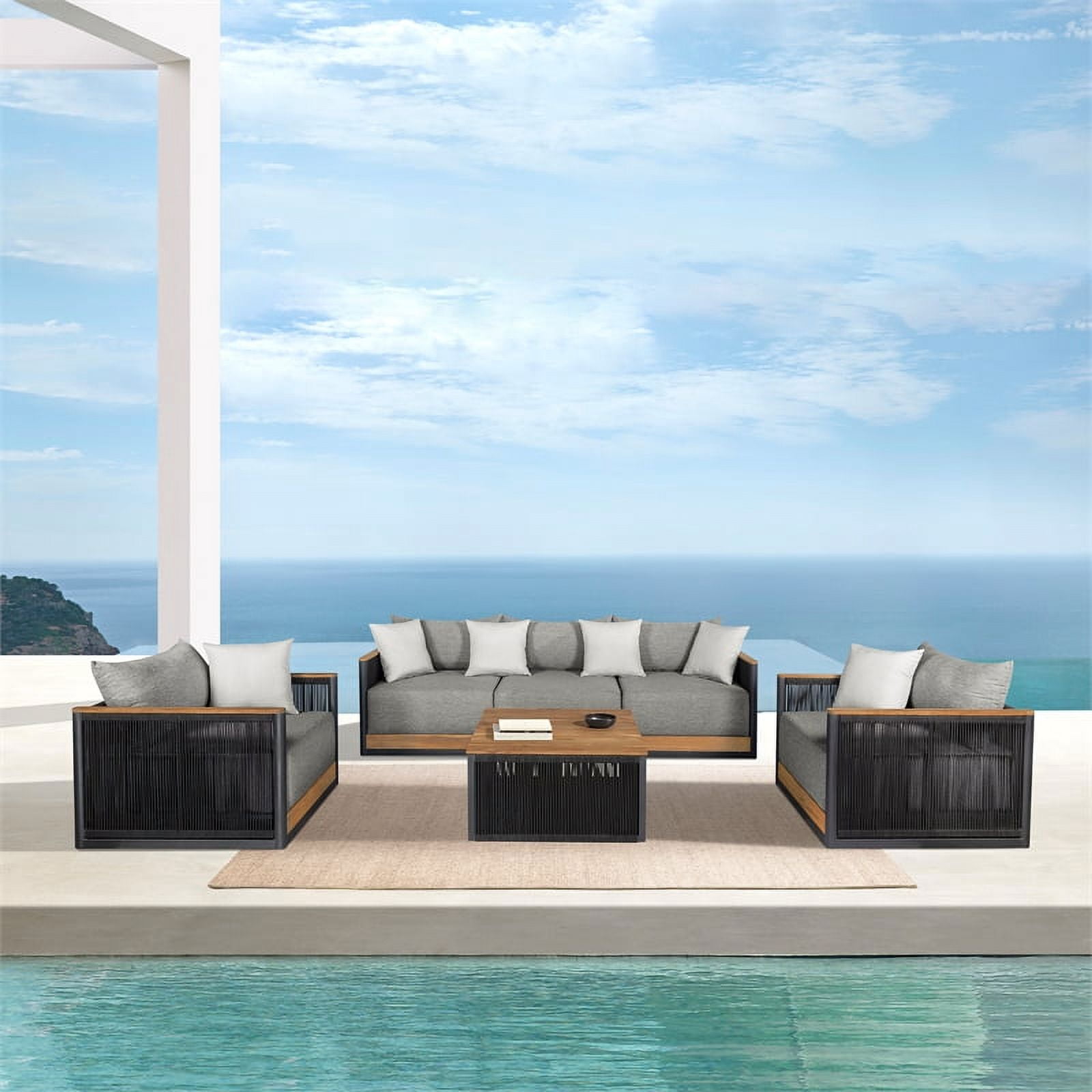 Cypress Outdoor Patio Chair in Eucalyptus Wood and Gray Rope with Ivory Cushions
