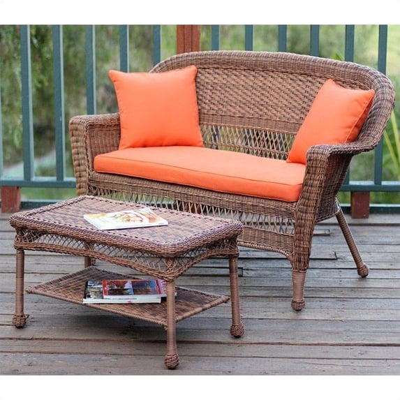 Jeco Wicker Patio Love Seat and Coffee Table Set in Honey without Cushion
