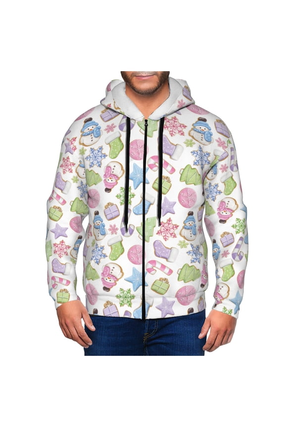 Pastel Christmas Cookies Print Men Hoodies Casual Hoodies for Men with Zip Pockets Full Zip Long Sleeve Sweatshirt Sports Hooded Jacket-XX-Large