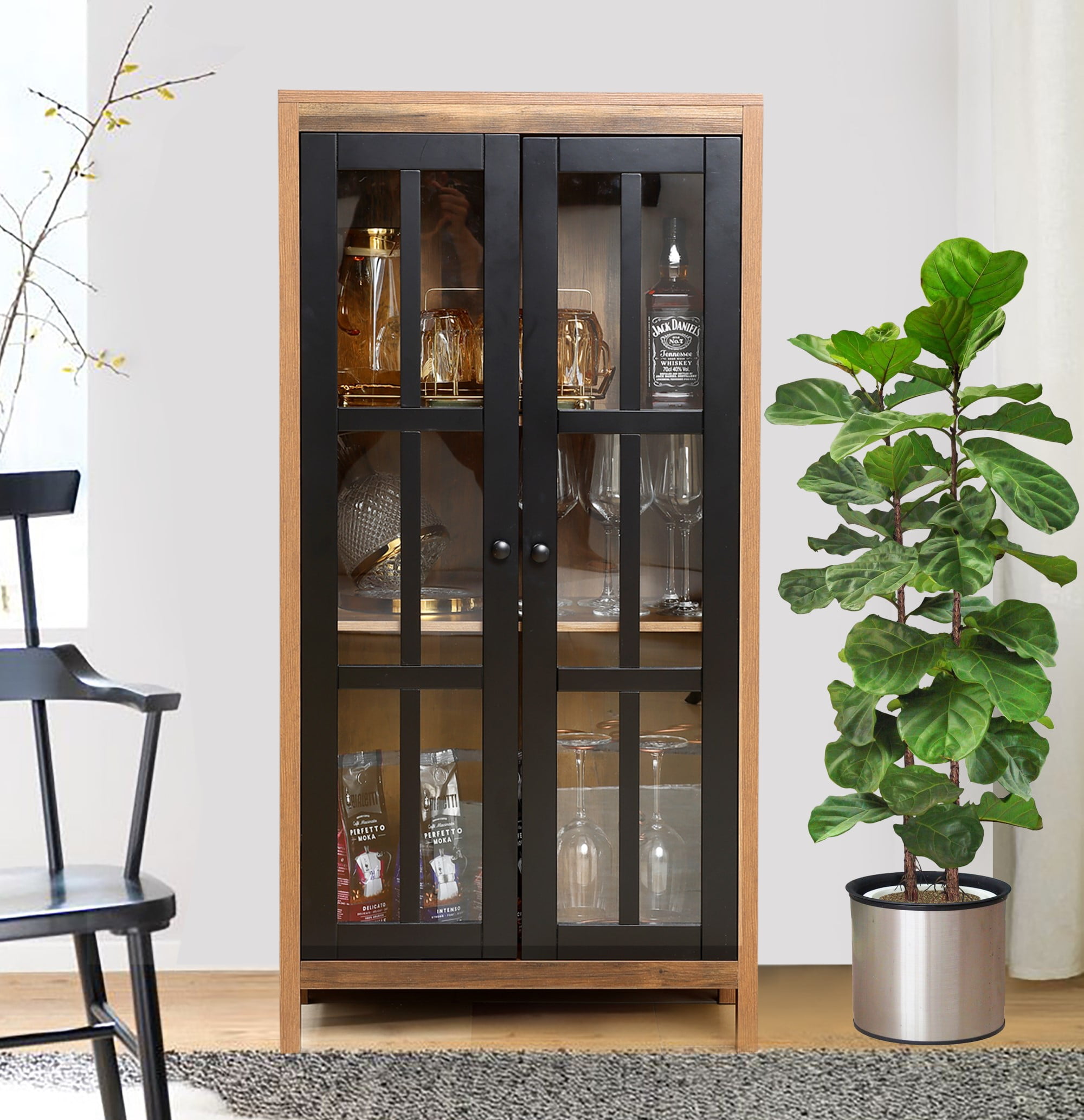 LuxenHome 47.2" Farmhouse Storage Cabinet with Glass Doors, Tall Pantry Cabinet, Glass Display Cabinet