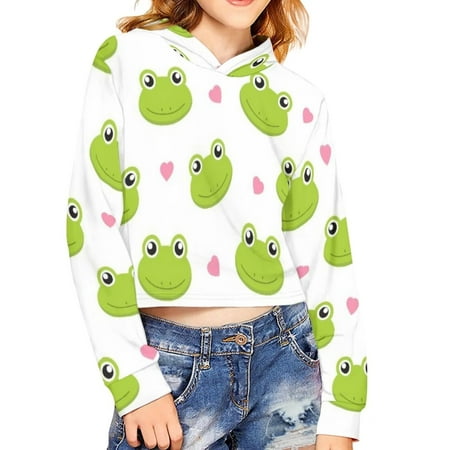 

Renewold 5-6 Years Girls Aesthetic Hoodies Cropped Long Sleeve Sweatshirts Green Frogs Graphic Crop Tops Pullover Hoodie Comfy Loose Blouse Winter Outdoor Sport Clothes