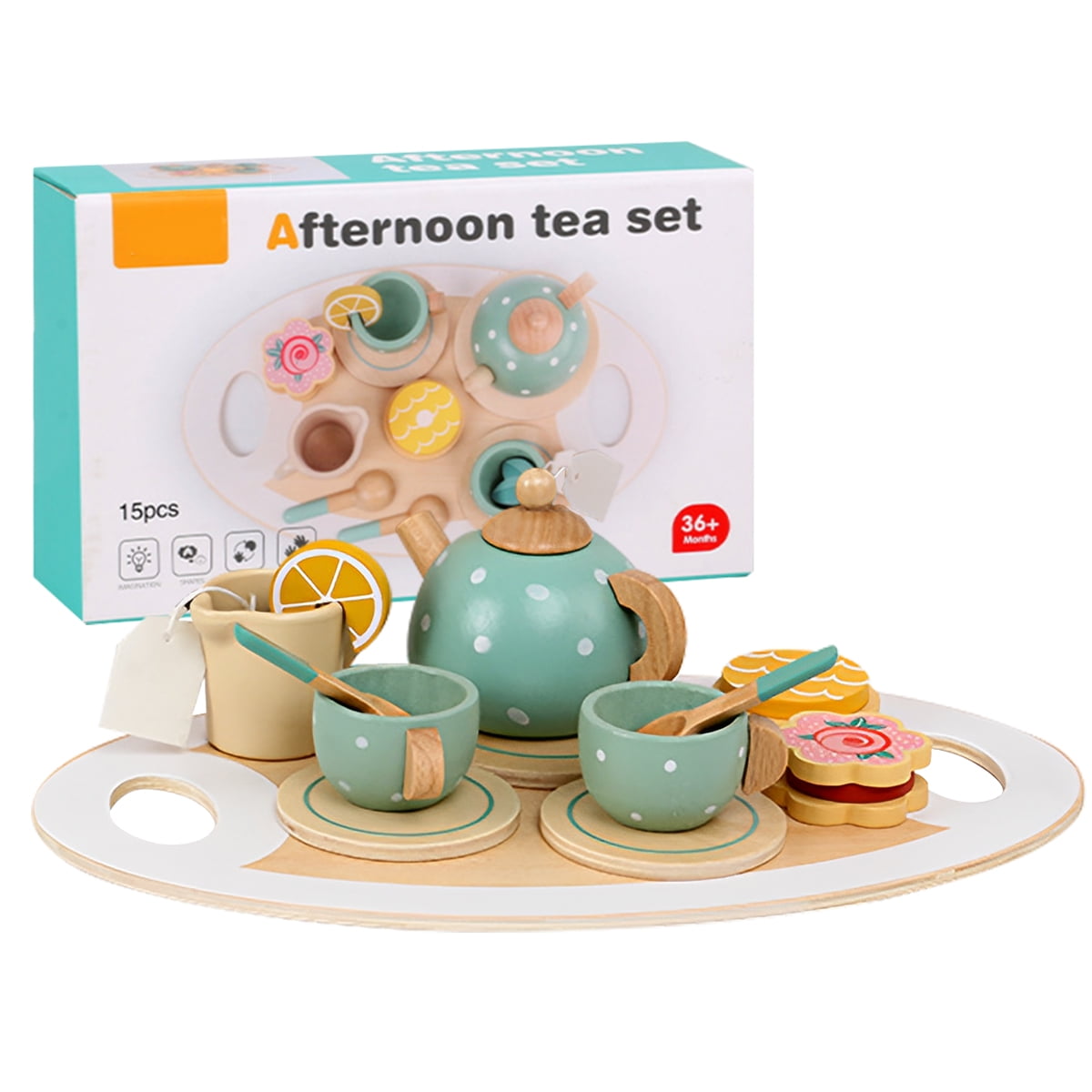 Evjurcn 14Pcs Tea Set Toy Wooden Pretend Play Tea Party Set Learning
