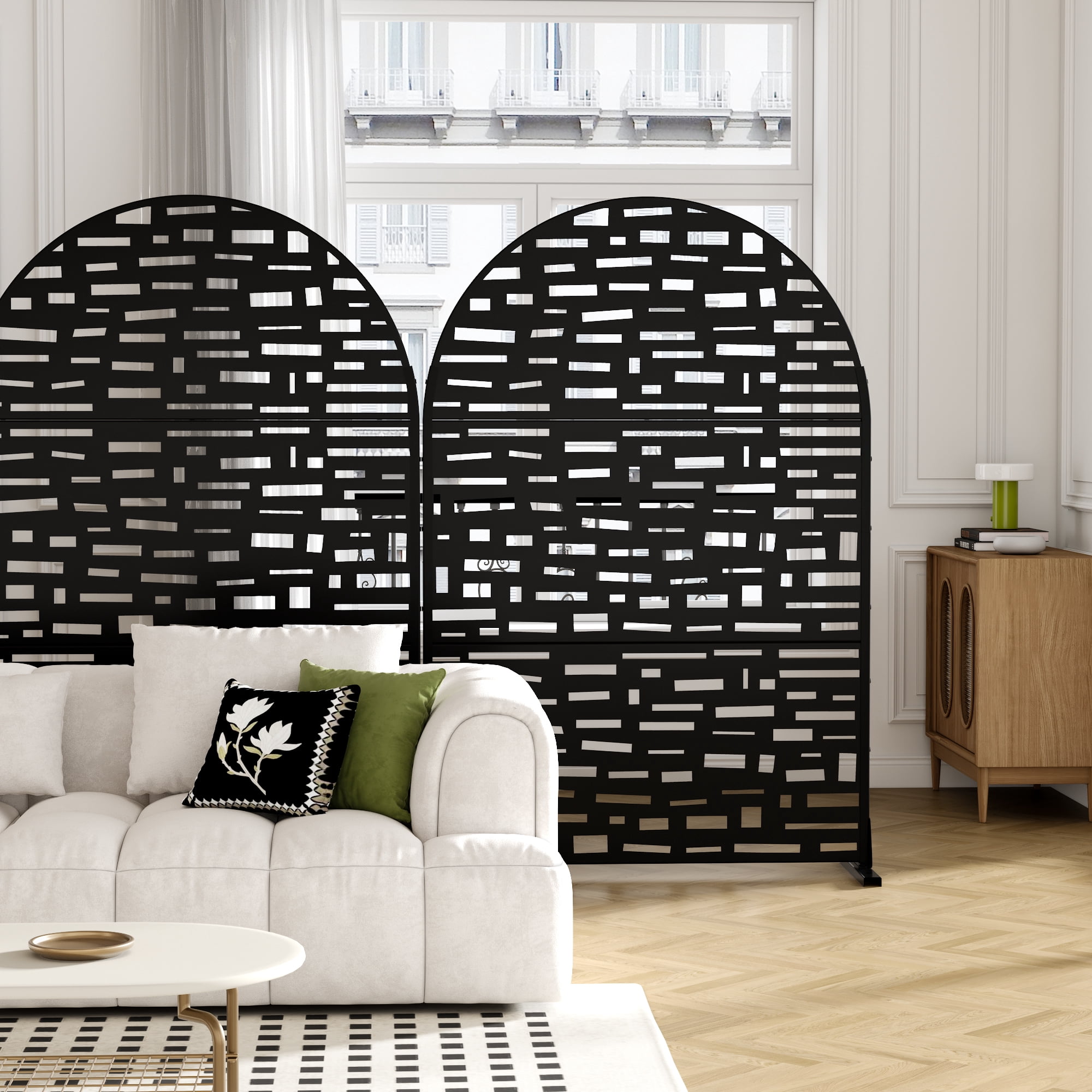 MAYEERTY 72 × 47in Arched Outdoor Privacy Screen with Stand, 3 Panels Metal Balcony Decorative Screen, Black