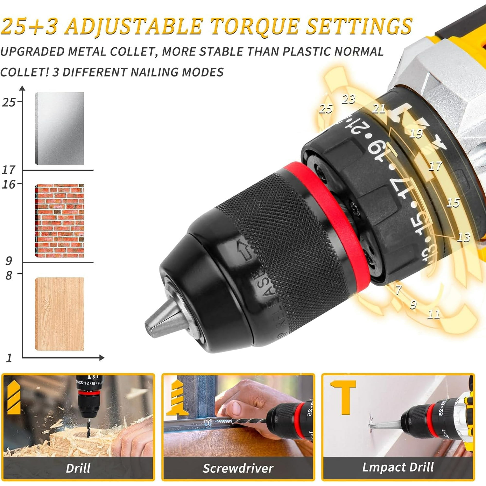 21V Tool Kit with Drill, 120PCS 21V Cordless Drill Set with 3/8" Keyless Chuck of Metal & 25+3 Clutch with Impact, 2 x 2.0Ah Battery & Fast Charger, Max Torque 45Nm, 2-Variable Speed
