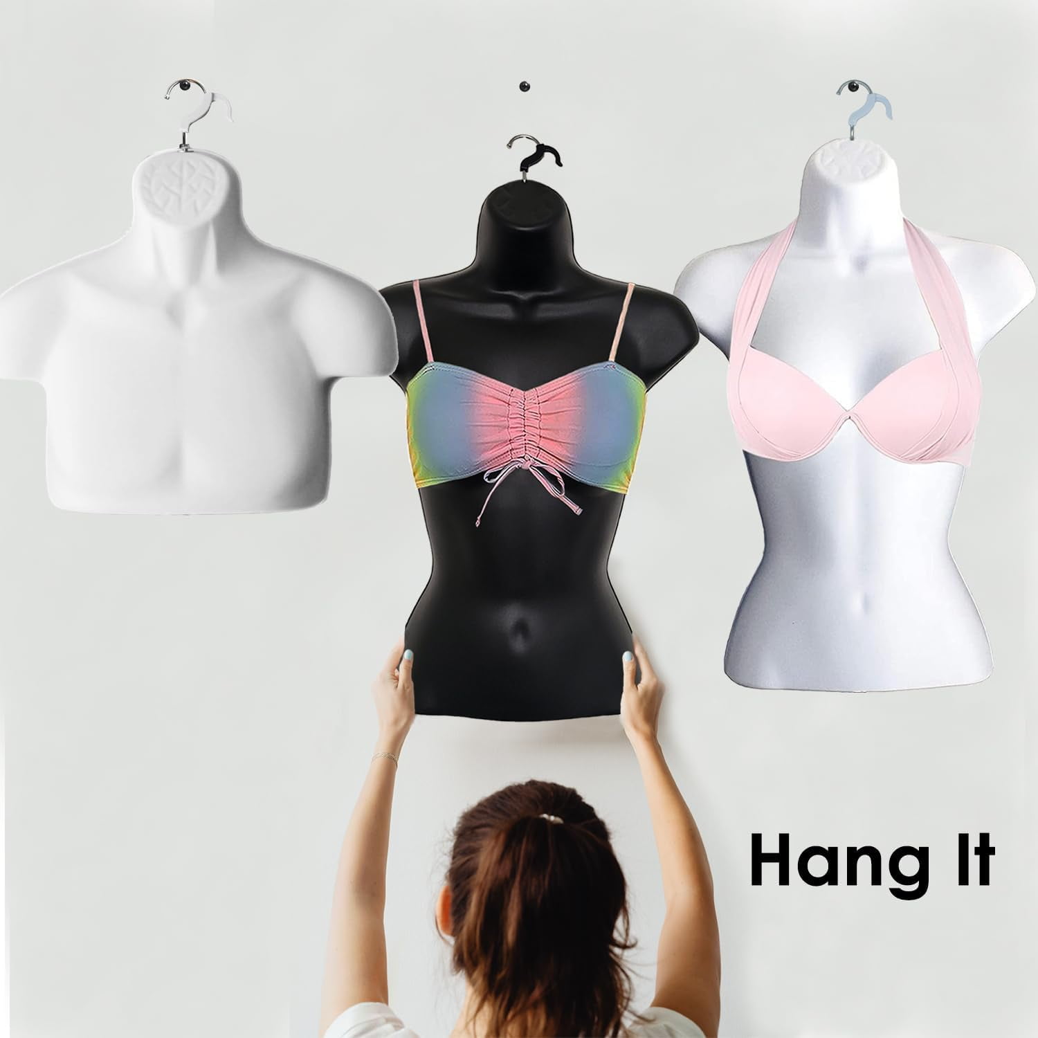 DisplayTown 3 Sets of White Male Mannequin Chest Long Hollow Back Plastic Injection Hanging Body Torso Form with Hanging Hooks, S-M Size