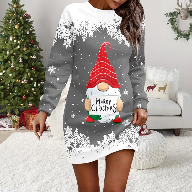 Vestidos Elegantes Para Mujer Vestido Cómodo Con Estampado de Feliz Navidad Para Mujer Sudadera Con Capucha de Manga Larga Vestidos Midi de Manga Larga Con Bolsillos