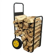 Firewood Log Cart Carrier - Outdoor or Indoor Black Steel Wood Rack Storage Mover - Rolling Wheeled Metal Dolly Hauler - Wood Moving Equipment (Black)