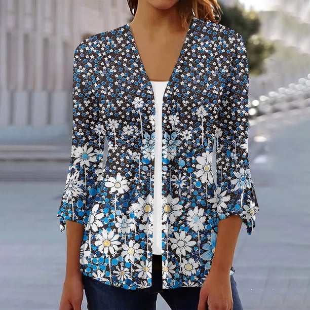 Xuyuer 3/4 Length Sleeve Womens Tops Round Neck Casual Summer Tunic Tops Basic Tees Blouses Cardigan Lightweight Button Down Casual Dressy T-Shirts Pleated Cute Shirts